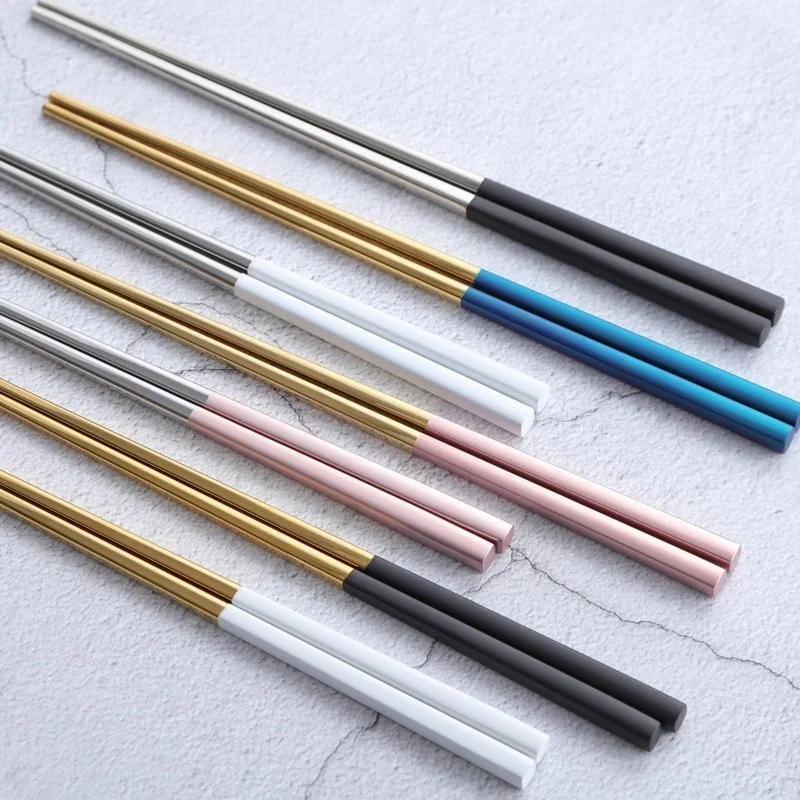 

304 Stainless Steel Square Chopsticks Titanium Gold Rose Sushi Colorful Chinese Japanese