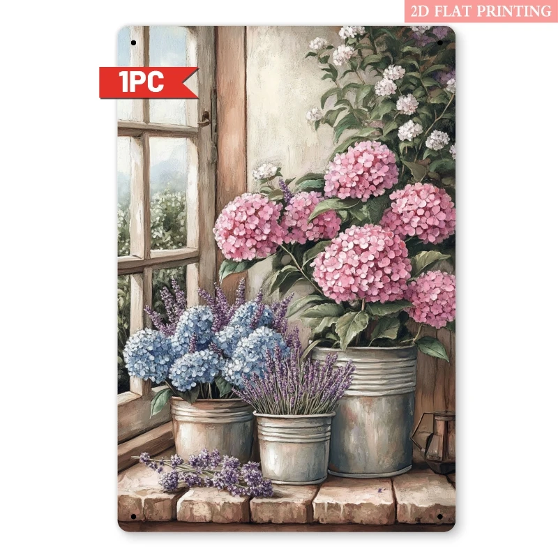 2D Flat - 2D Plane Retro Hydrangea & Lavender Metal Wall Art Sign - 8X12 Inch Rustic Style for Floral Decor with Pink Hydrangeas