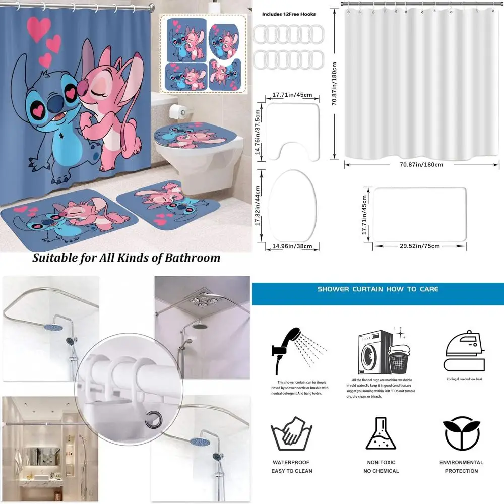 

4-Piece Cute Cartoon Shower Curtain Set with Non-Slip Rugs, Toilet Seat Cover, and Bath Mat, 72x72 inches