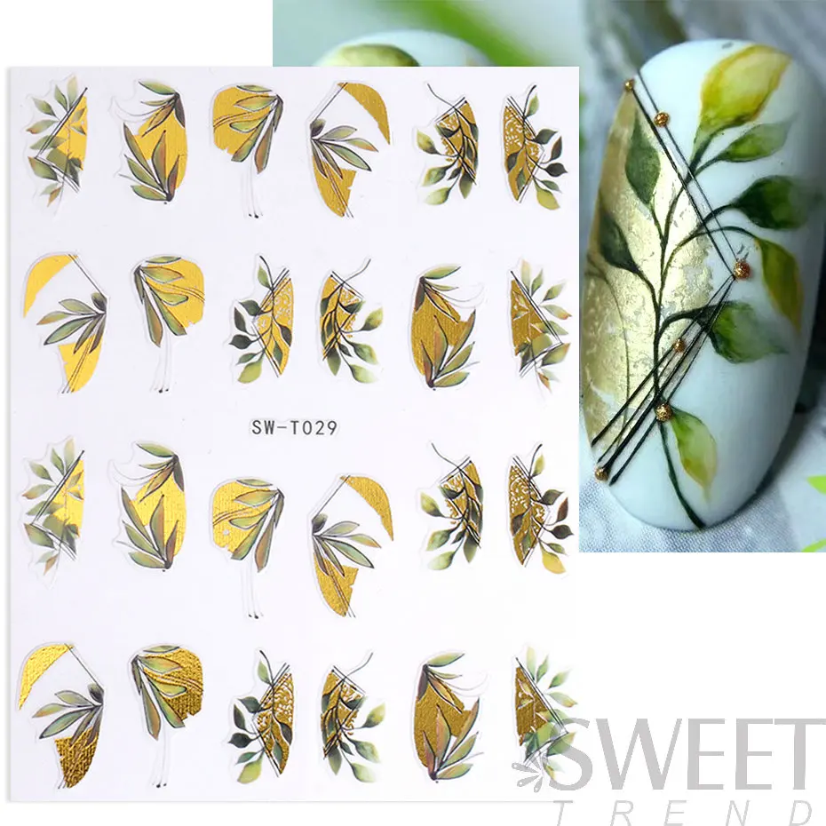 3D Spring Nail Stickers Gold Leaf Foil Watercolor Flower Geometric Lines Manicure Transfer Sliders Tips Nail Decoration BESW-T