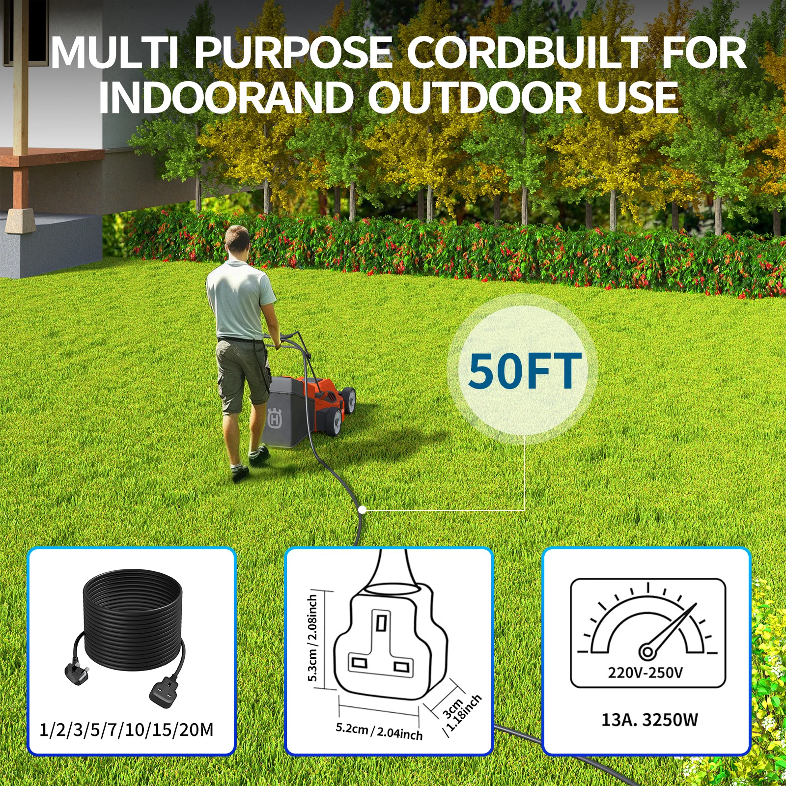 1pc black multifunctional power extension cord socket 13A 3250W suitable for garden and camping use Power cord extension socket