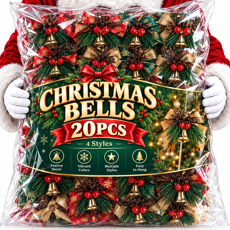 1/20Pcs Christmas Bell Ornament Retro Vintage Pine Cone Bow Metal Jingle Bell Hanging Xmas Wreath Window Decoration Supplies