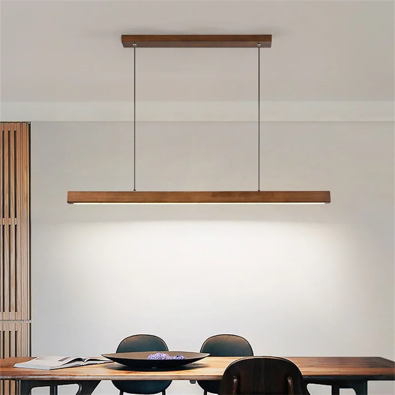 Walnut Wood dining room pendant light Nordic long strip pendant lamp Long Table Wooden Chandelier Minimalist Design Led Lighting