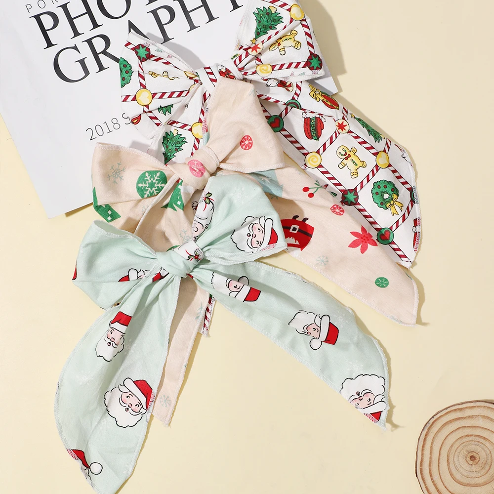 Christmas Print Bows Hairpins Women Girls Sweet Bowknot Hair Clips Santa Claus Christmas Tree Barrettes Holiday Hair Accessories