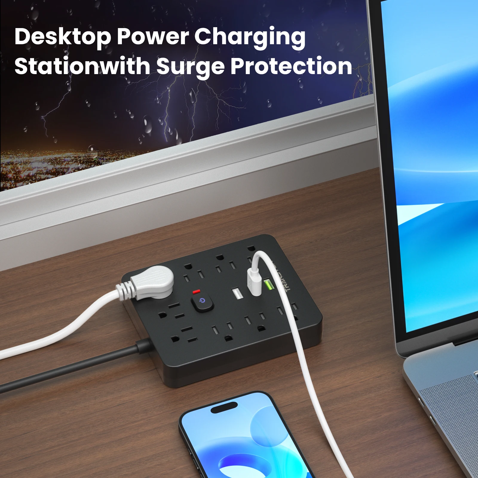 مخرج طاقة بشريط طاقة بطول 5 أقدام مع واقي من زيادة التيار المتردد، 9 تيار متردد، 3 منافذ USB، سلك تمديد، شحن سريع، للمنزل والمكتب