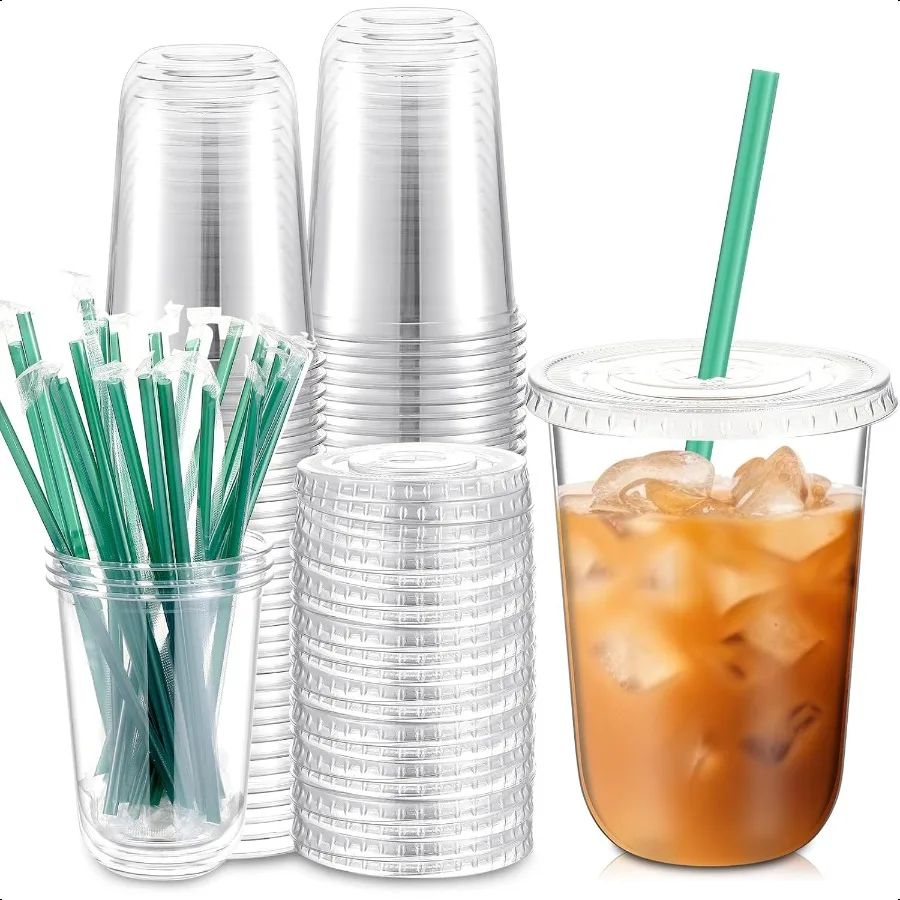 

25 Set Plastic Cups with Lids and Straws Plastic Iced Coffee Cup for Cold Beverage Juice Smoothie Crystal for Coffee Shops Par