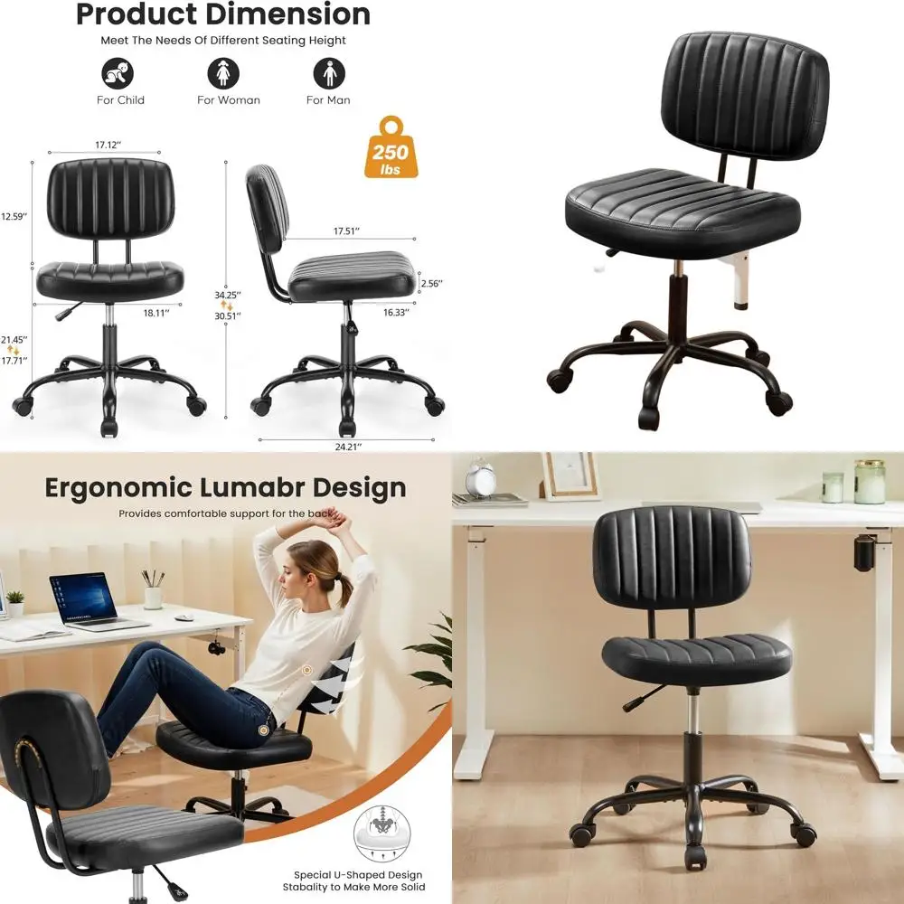 

Adjustable Height Swivel Office Chair with Lumbar Support, Armless PU Leather Rolling Chair for Home and Office, Black
