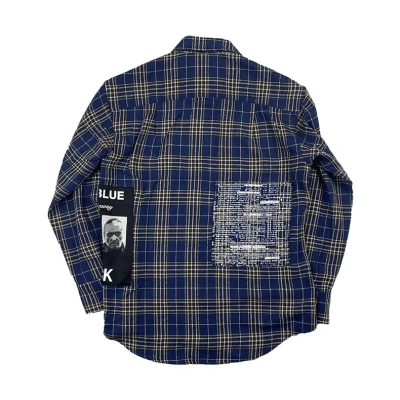 High Street ERD Plaid Patch Printed Wool Shirts Loose Long Sleeve Coats Y2k Streetwear Washed Shirts for Men