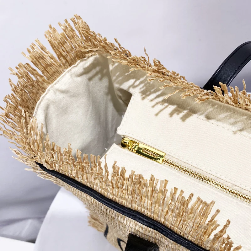 Beach Straw Tote Bags For Women Luxury Designer Handbags Purses 2024 New In Papyrus Letters Tassel Top Handle Underarm Shoulder