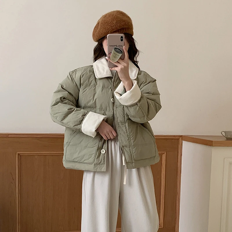 Giacca invernale leggera di colore a contrasto di tendenza Donna Y2K Patchwork retrò monopetto Parka corto Cappotti coreani in cotone da strada