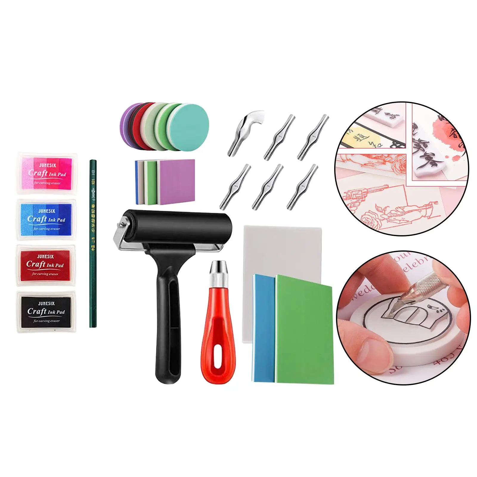 

Block Printing Starter Tool Kit, Linoleum Cutter with 6 Kinds of , Tracing Paper, Pink Rubber Block