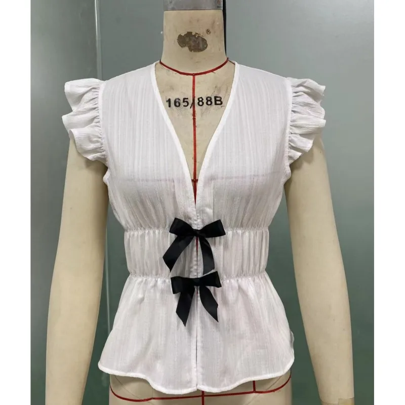 White Tops For Women Summer Thin Solid Color Deep V Neck Black Bow Front Frill Flying Sleeve Smocked Shirts & Blouses Streetwear