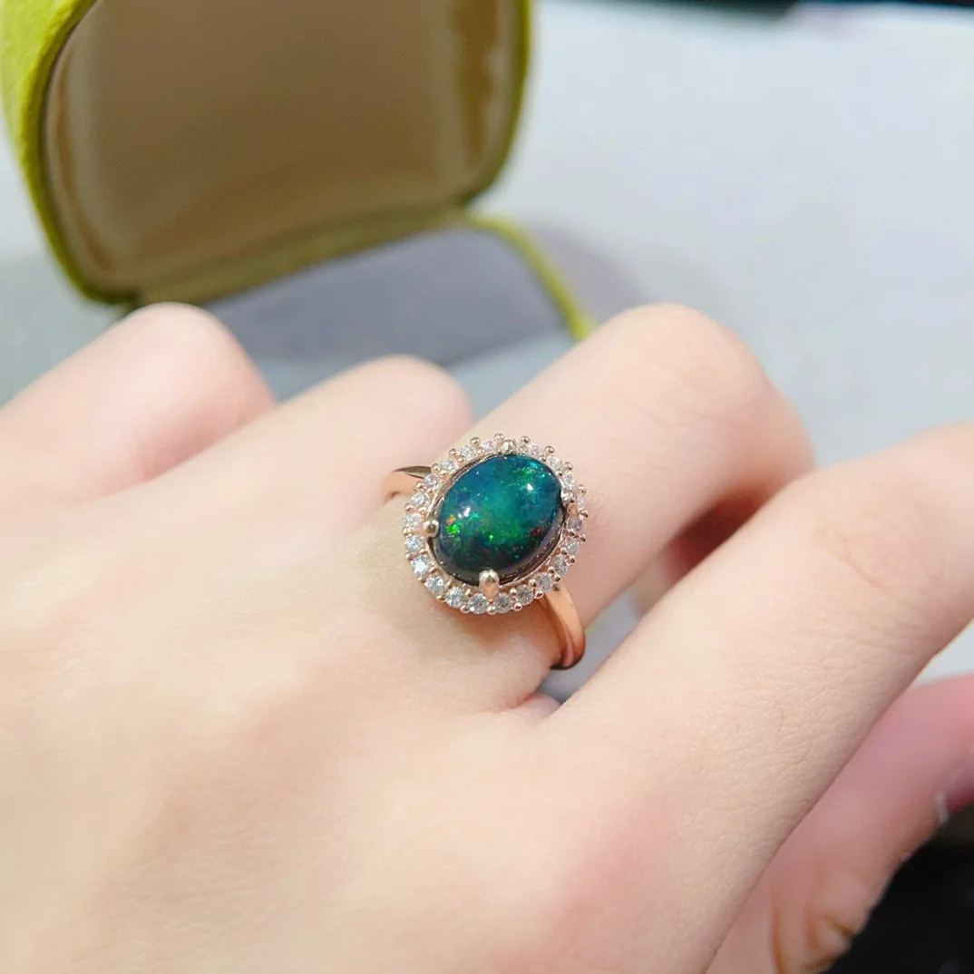 

925 Silver Precision Set Natural Flash Black Opal Ring, 8x10mm Dominant Center Stone, Iridescent Gemstone Jewelry