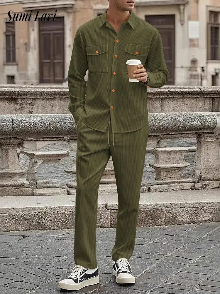 

Streetwear Vintage Mens Corduroy Outfits Autumn Winter Stylish Long Sleeve Cargo Shirt And Pants Two Piece Sets Men Clothing