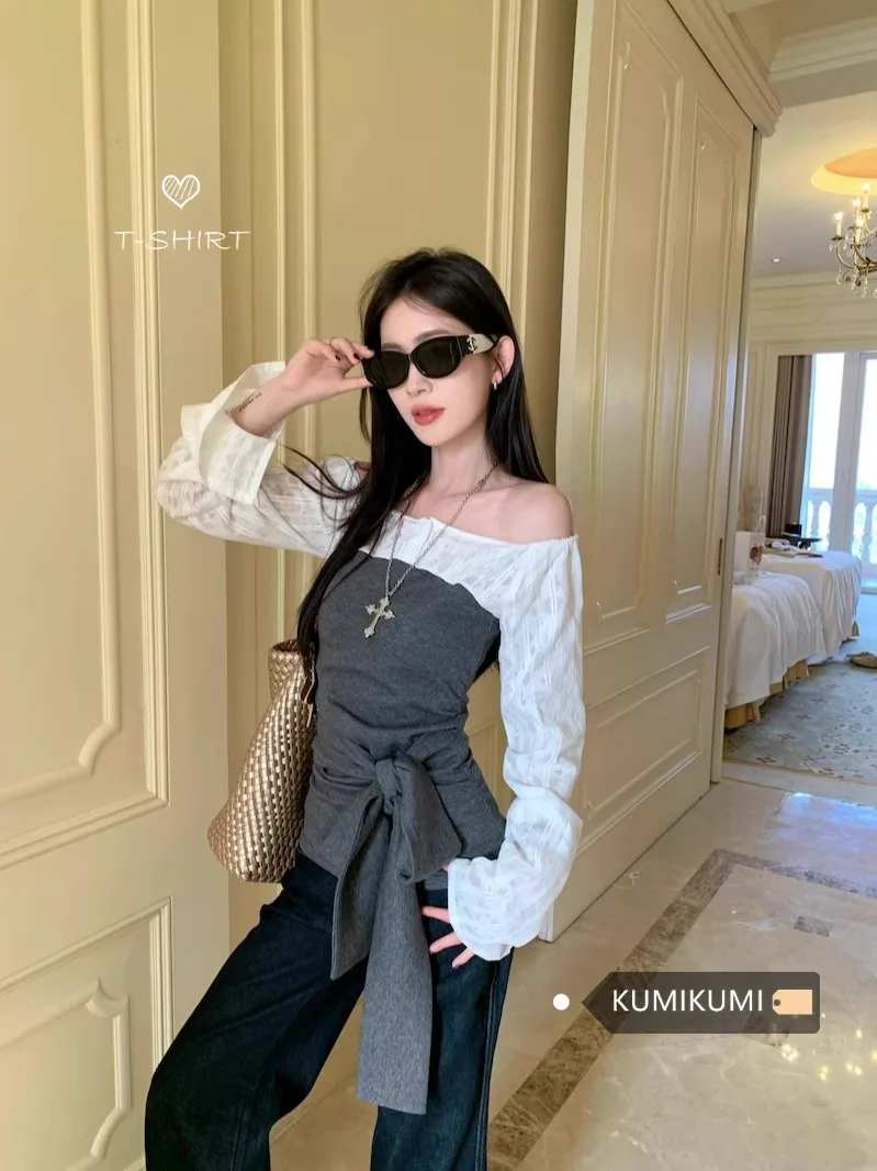 

Women's White Slash Neck Striped Shirts Blouses Vintage Y2k 2000s French Style Elegant Long Sleeve Bow Shirt Clothes Summer 2025