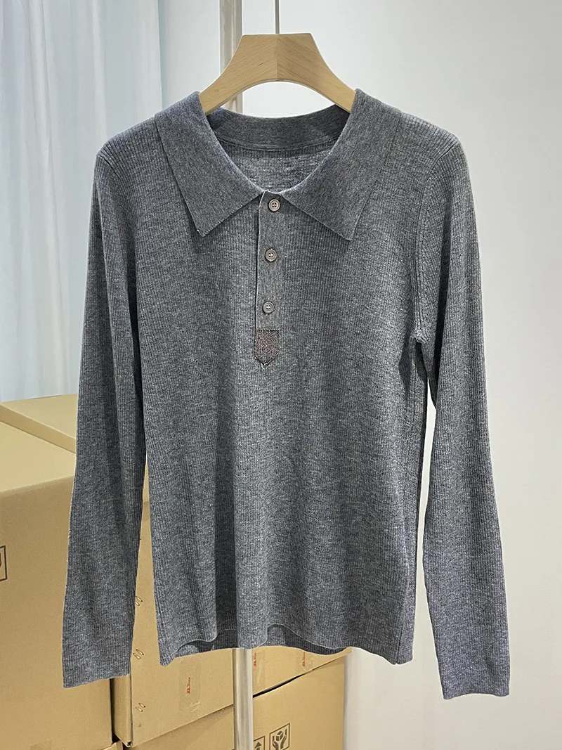 

Women's Autumn Winter New B*C Bead Chain Wool POLO Neck Elastic Slim Long Sleeve Knitted Sweater