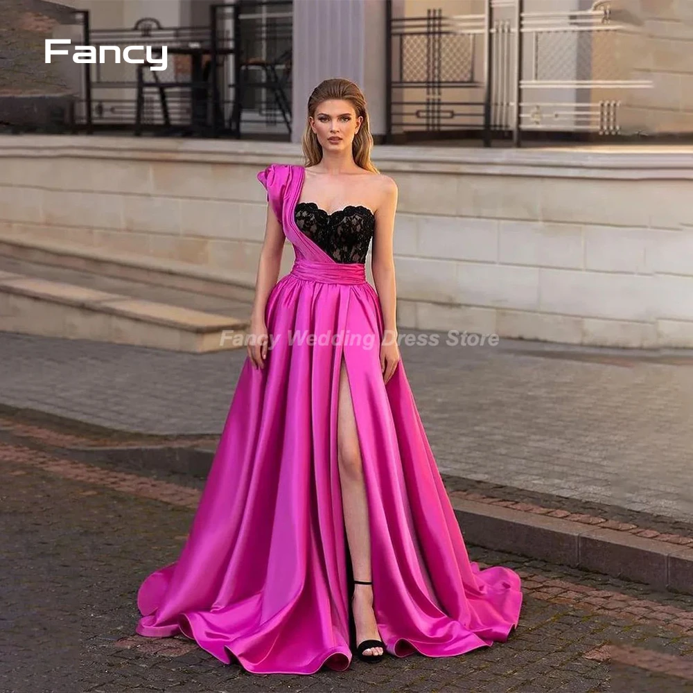 

Элегантное розово-красное платье на одно плечо, мягкое атласное и кружевное свадебное платье с высоким разрезом, платье для торжественных случаев до пола