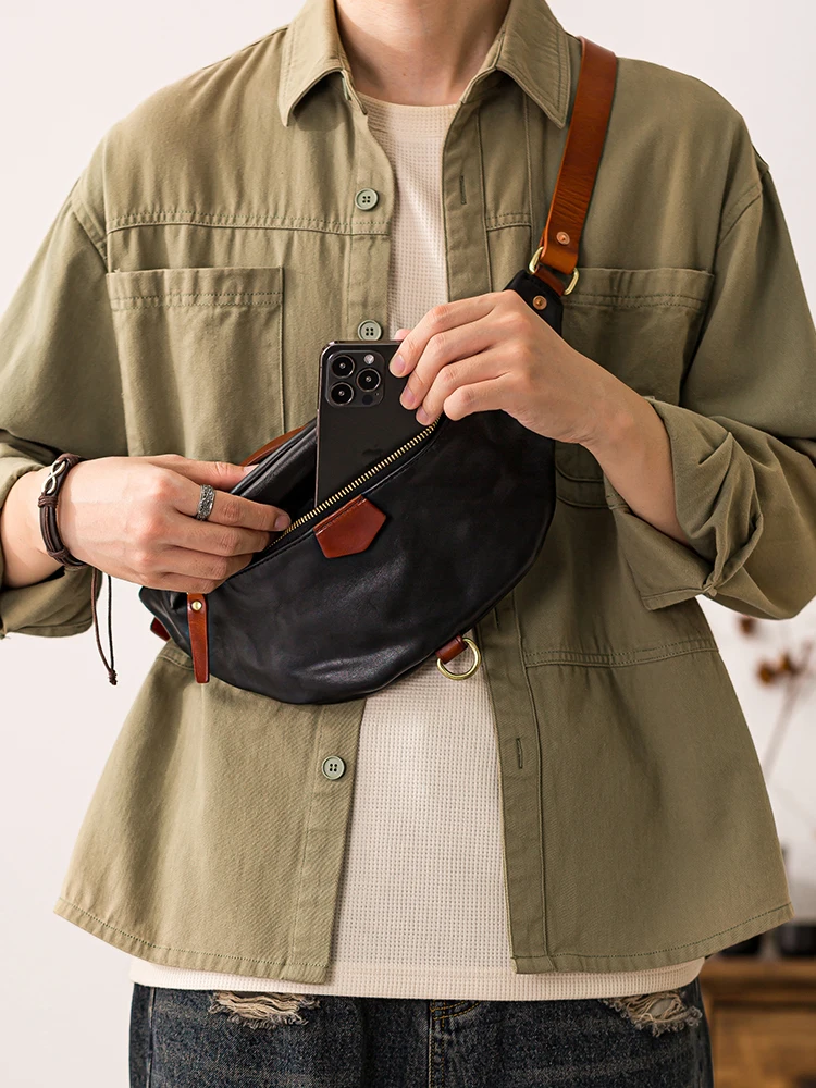 outdoor daily party luxury handmade genuine leather men's black chest bag Fashion designers cow leather sports crossbody bag