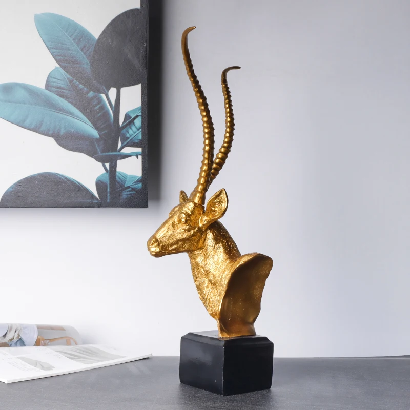 Antelope Golden Head Statue Resin Animal Sculpture for Bedroom, Living Room, Study, and Office Desk Decoration Ornaments
