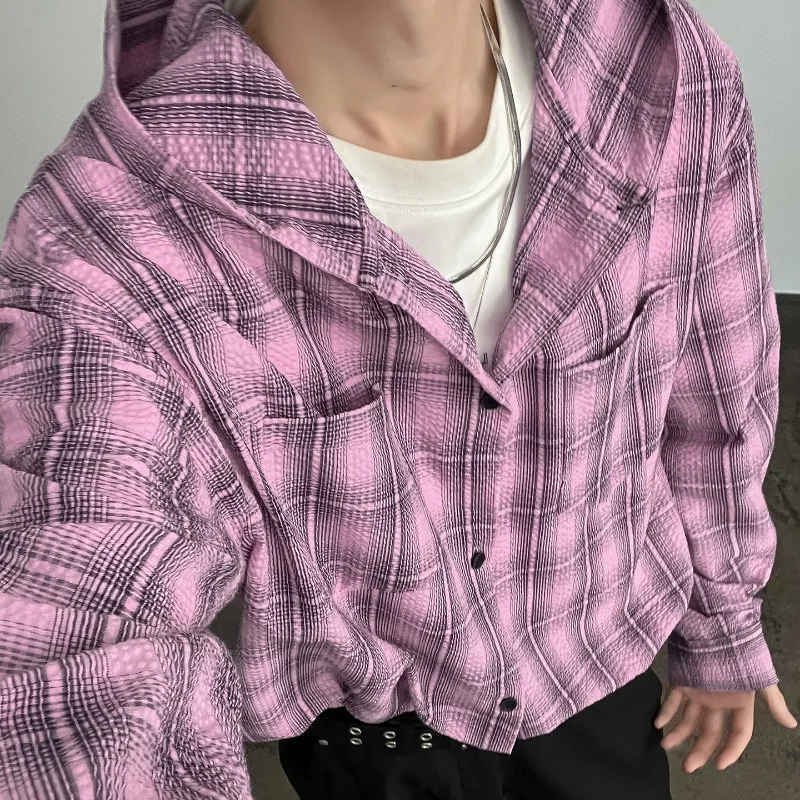

Men's Plaid Hooded Shirt Oversized Casual Button Down Long Sleeve Black White Checkered Streetwear Shacket Top