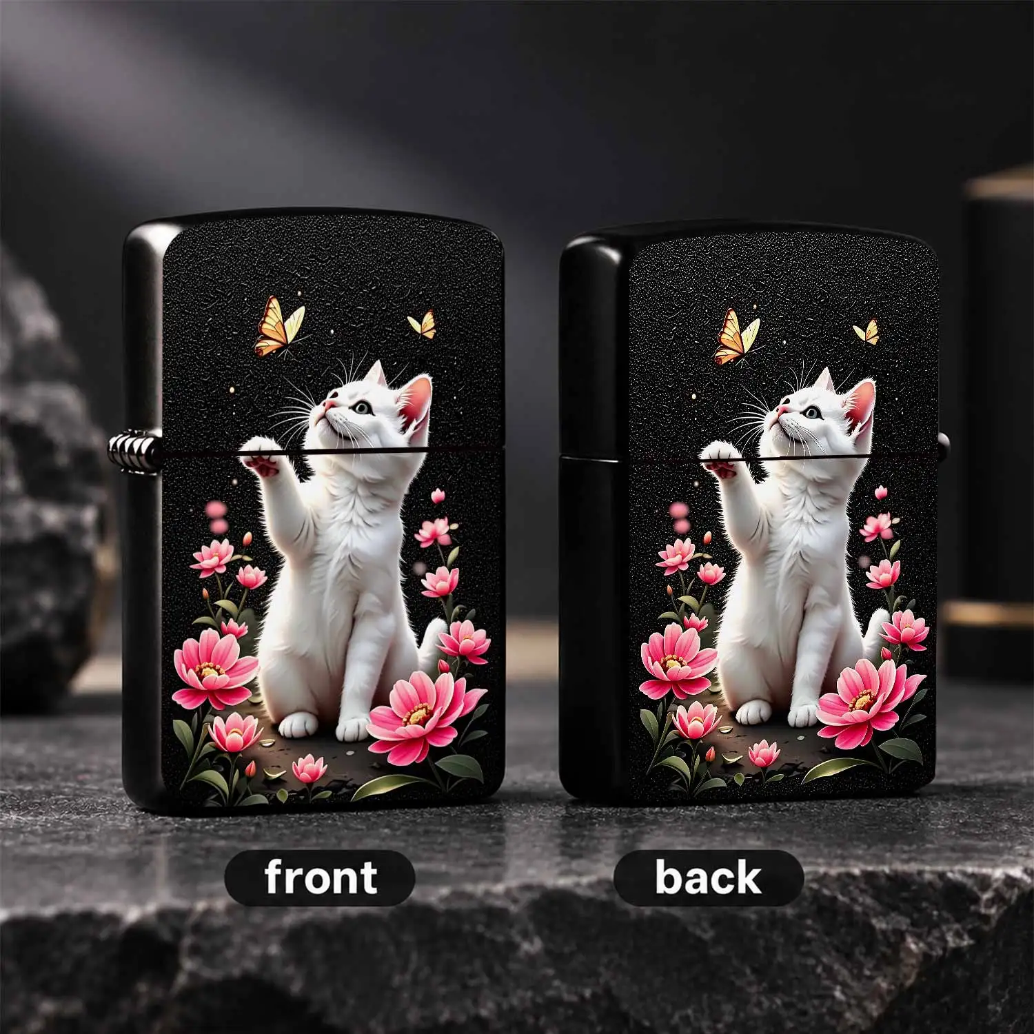 Exquisite Portable Lighter with Cute White Kitten ChasingPattern, Dreamy Pink Floral Starry Background Decorative Art, Ideal for Daily Use Outdoor Gathering, Delicate Present for Friends Family on Various Occasions A Humorous And Interestin