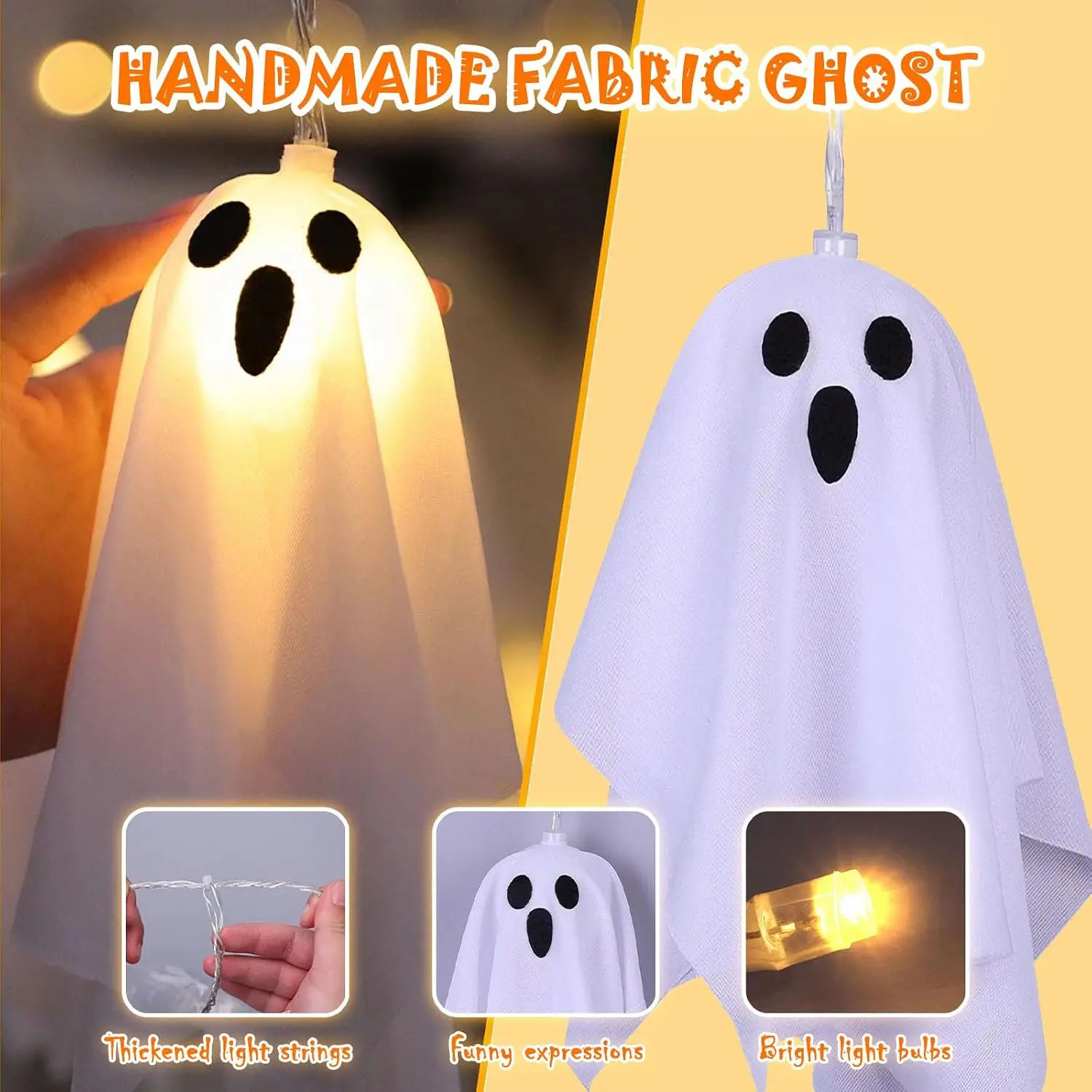 Halloween Ghost Decor,10Pcs Spooky Ghosts String Lights Battery Operated with Timer,8 Lighting Mode for Home Window
