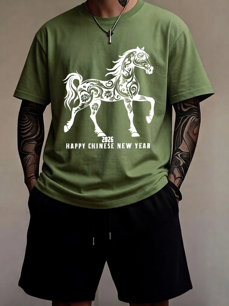 

Happy Chinese New Year 2026 Printed Man'S Breathable All-Match Tops Sets Cotton Comfortable O-Neck T-Shirt Beach Summer Pants