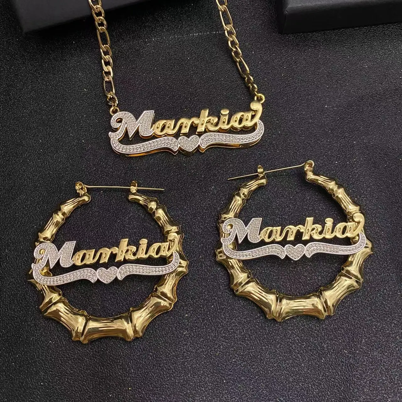 Custom Double Nameplate Necklace Bamboo Earrings Jewelry Set Stainless Steel Personalized Name Necklace For Women Gift