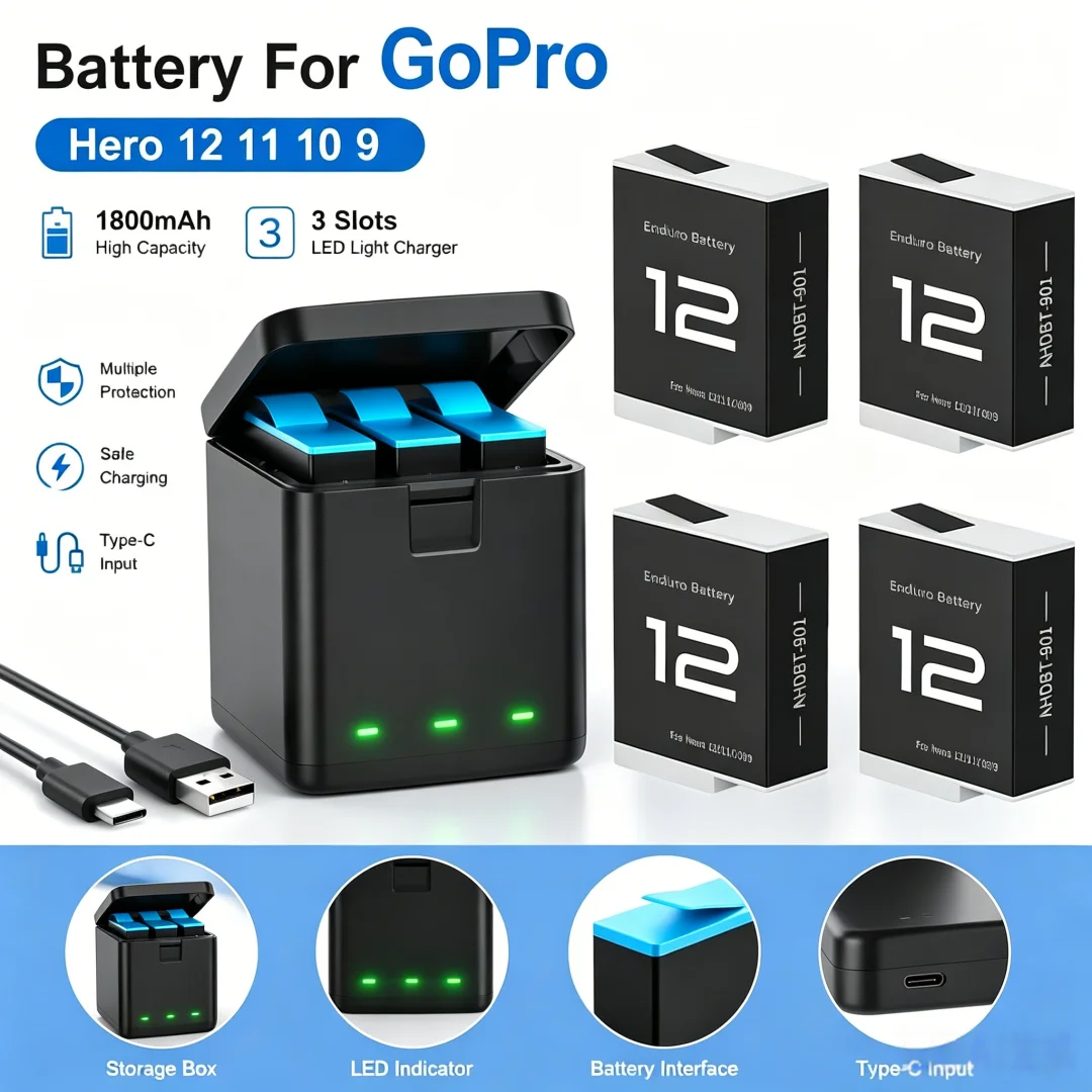 1800mAh For GoPro Hero 12 11 10 9 Motion Camera Rechargeable Battery 3 Slots LED Light Charger Storage Box For GoPro