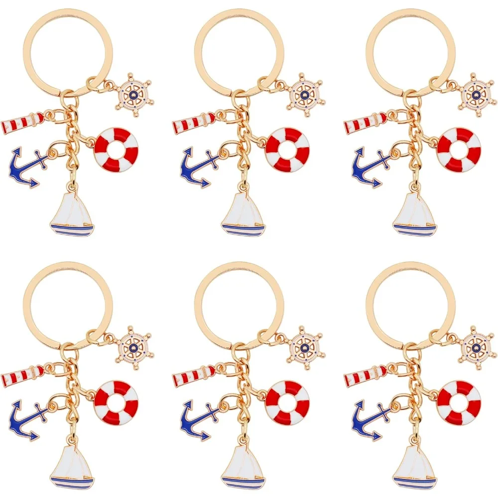 6/10/20/40Pcs Nautical Enamel Keychain Anchor Lighthouse Sailboat Lifebuoy Rudder for Women Men Ocean Gift Adventure Lovers