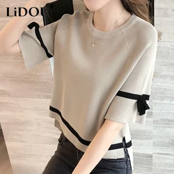 Spring Summer Oversized Elegant Fashion Bow Knitted Pullover T-shirt Tops Women Flare Half Sleeve Temperament All-match Tees