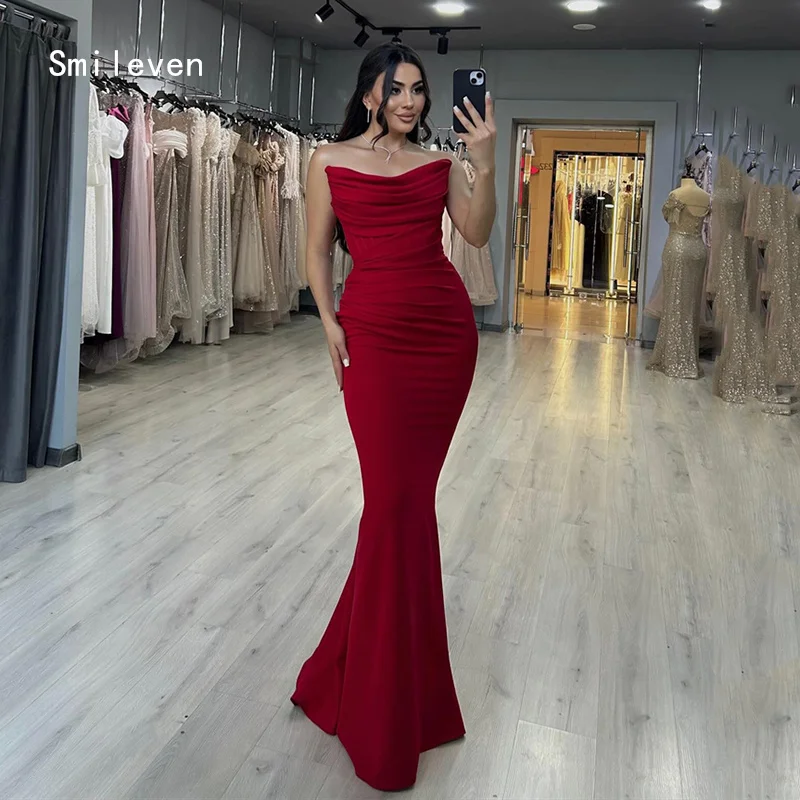 

Smileven Novel Burgundy Mermaid Prom Dress Strapless Party Gowns Formal Sweetheart Draped Occassion Dress Customized 2