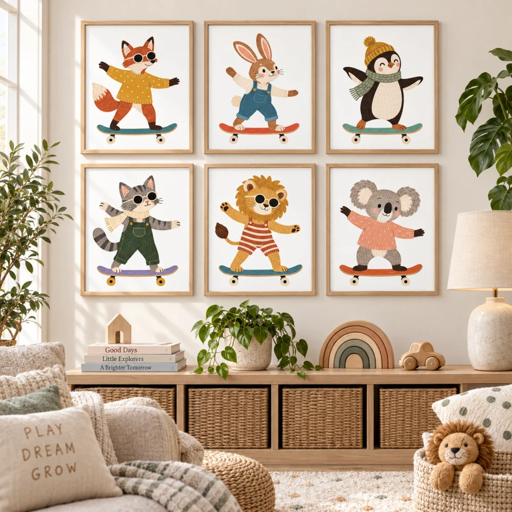 Cute Skateboard Dachshund Wall Art Funny Cartoon Dog Canvas Print Nursery Bedroom Poster Animal Wall Decor for Kids Room Home