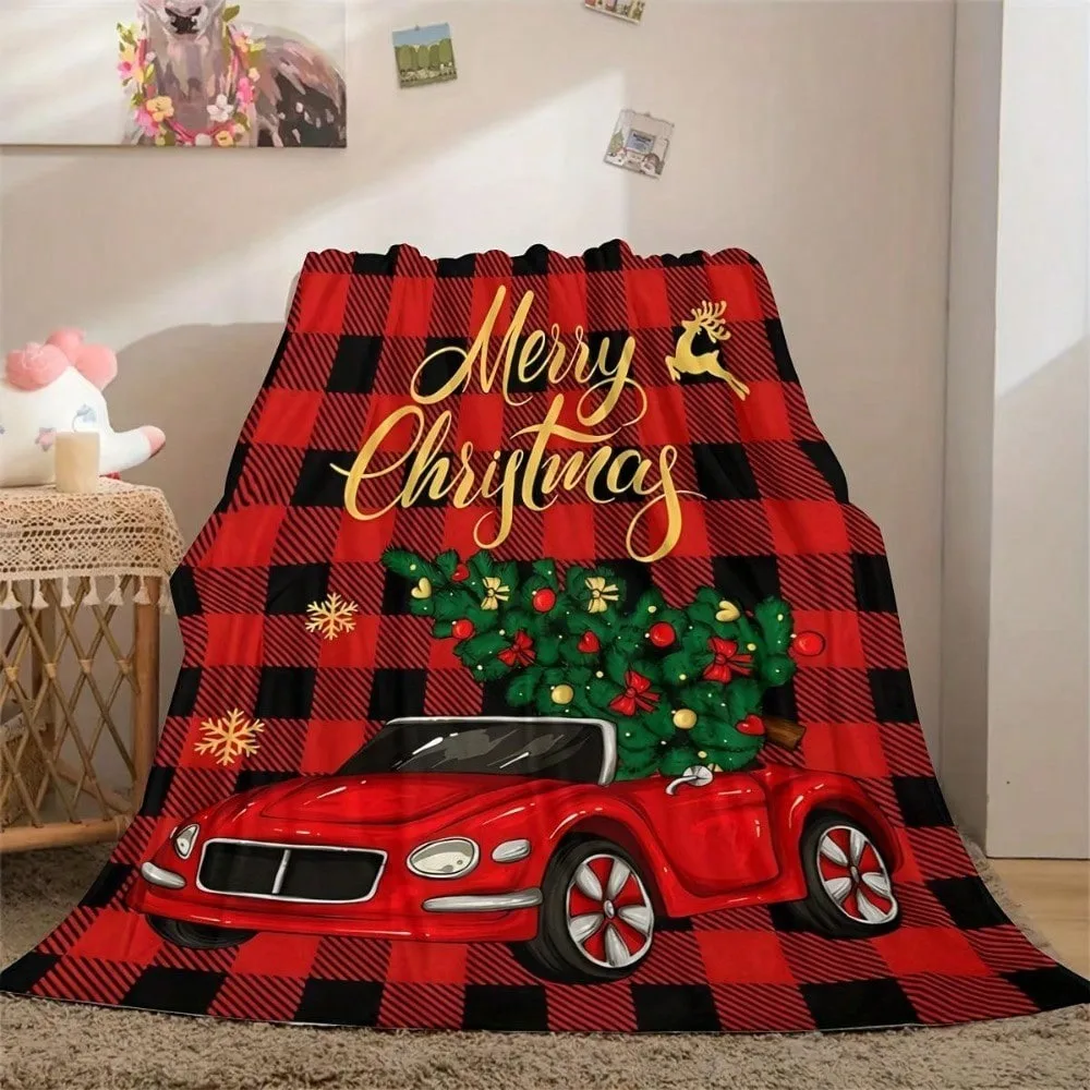 60*80 Inch Merry Christmas Blanket - Soft Polyester Chunky Knit, Machine Washable, Holiday Red Car and Christmas Tree Design