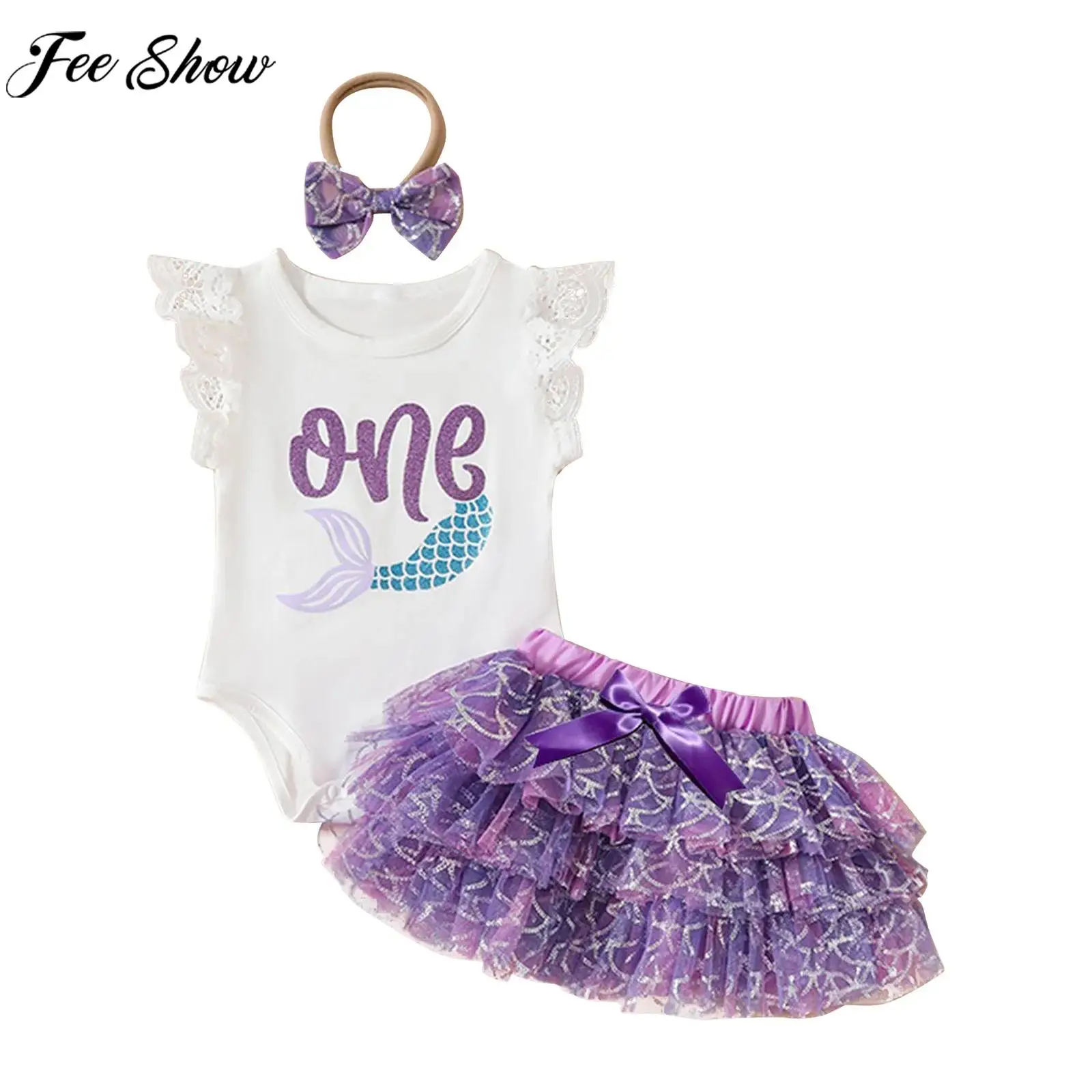 

Infant Girls 1st Birthday Outfit Cotton Mermaid Romper with Tutu Skirt Bowknot Headband Smash Cake Party Photography Costume
