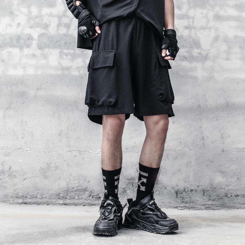 Korean Fashion Dark Department Retro Pure Color Lazy Style Sports Shorts Men's Multi Pocket Work Clothes Wide Leg Pants