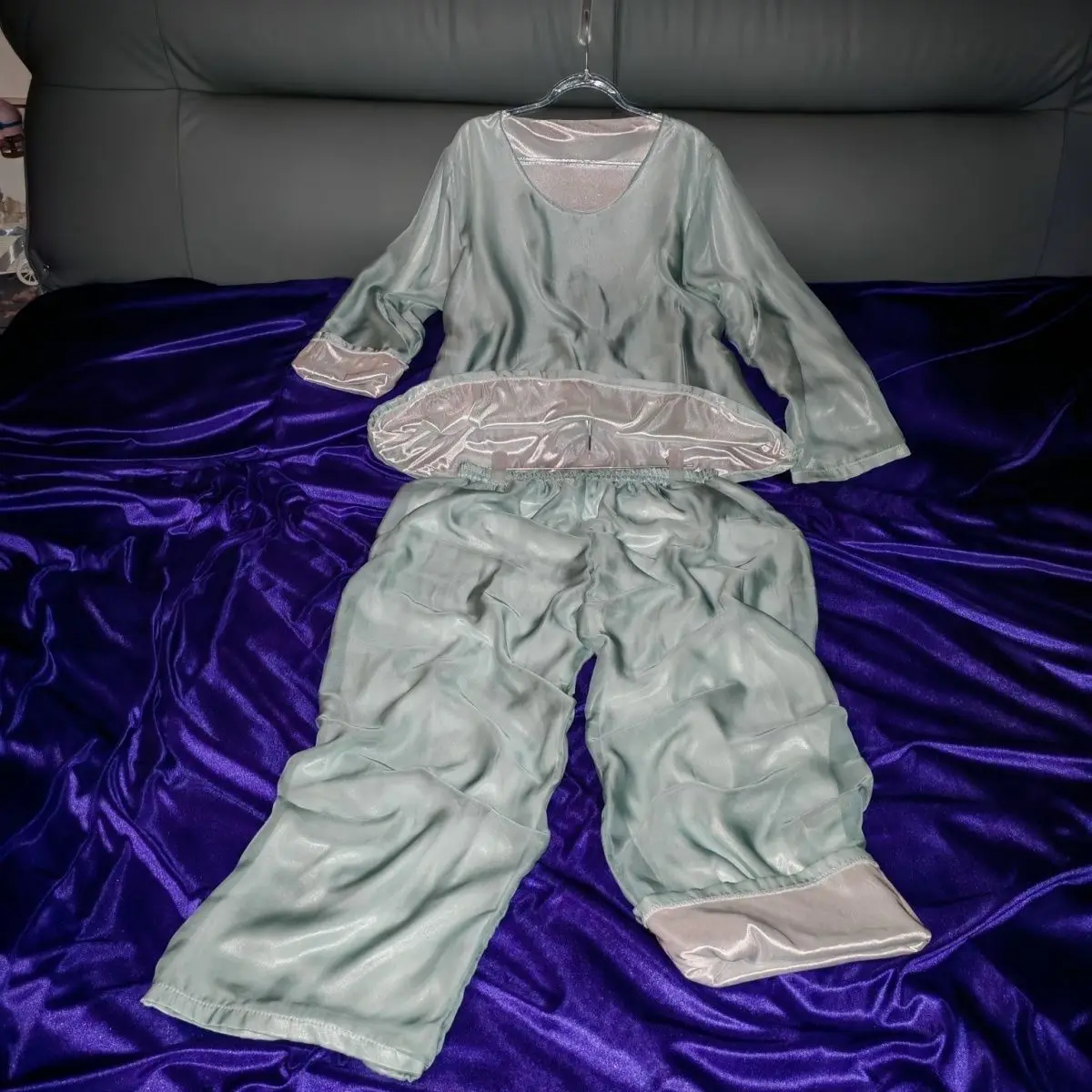 

2 Layers Unisex Long Sleeve Satin Silk Mesh Women Men 2 Pieces Set Glossy Sleeping Plus Size Top Pants