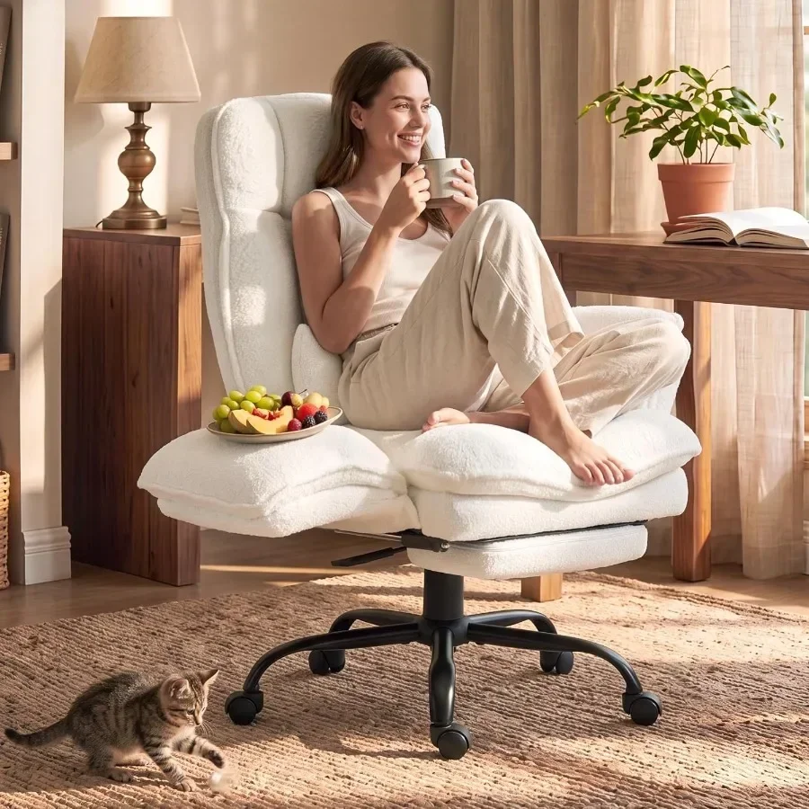 Office chair for home office use, teddy fleece fabric, white color, wider seat with flip armrests, footrest and lumbar pillow f