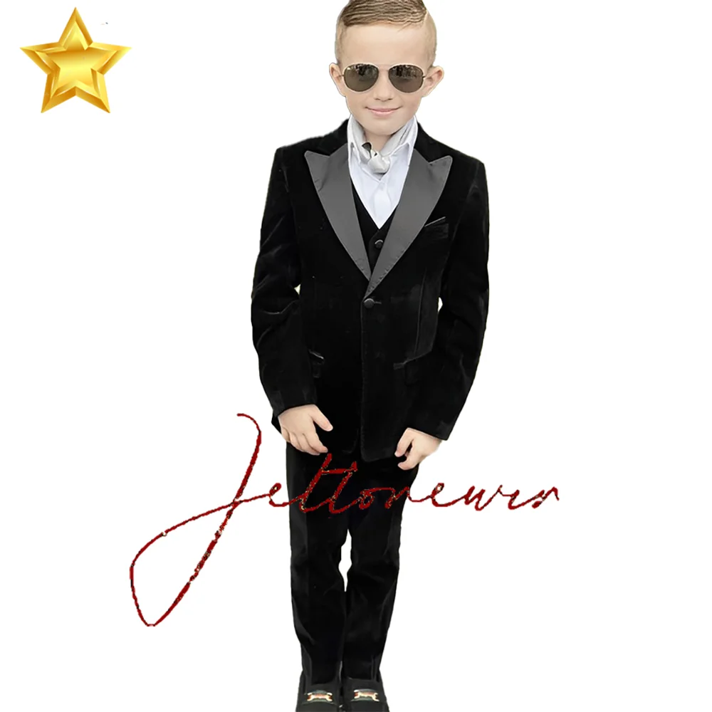 

3 Piece Boys Velvet Suit Jacket Pants Vest Wedding Kids Tuxedo Peaked Lapel Blazer for Child Fashion Clothes