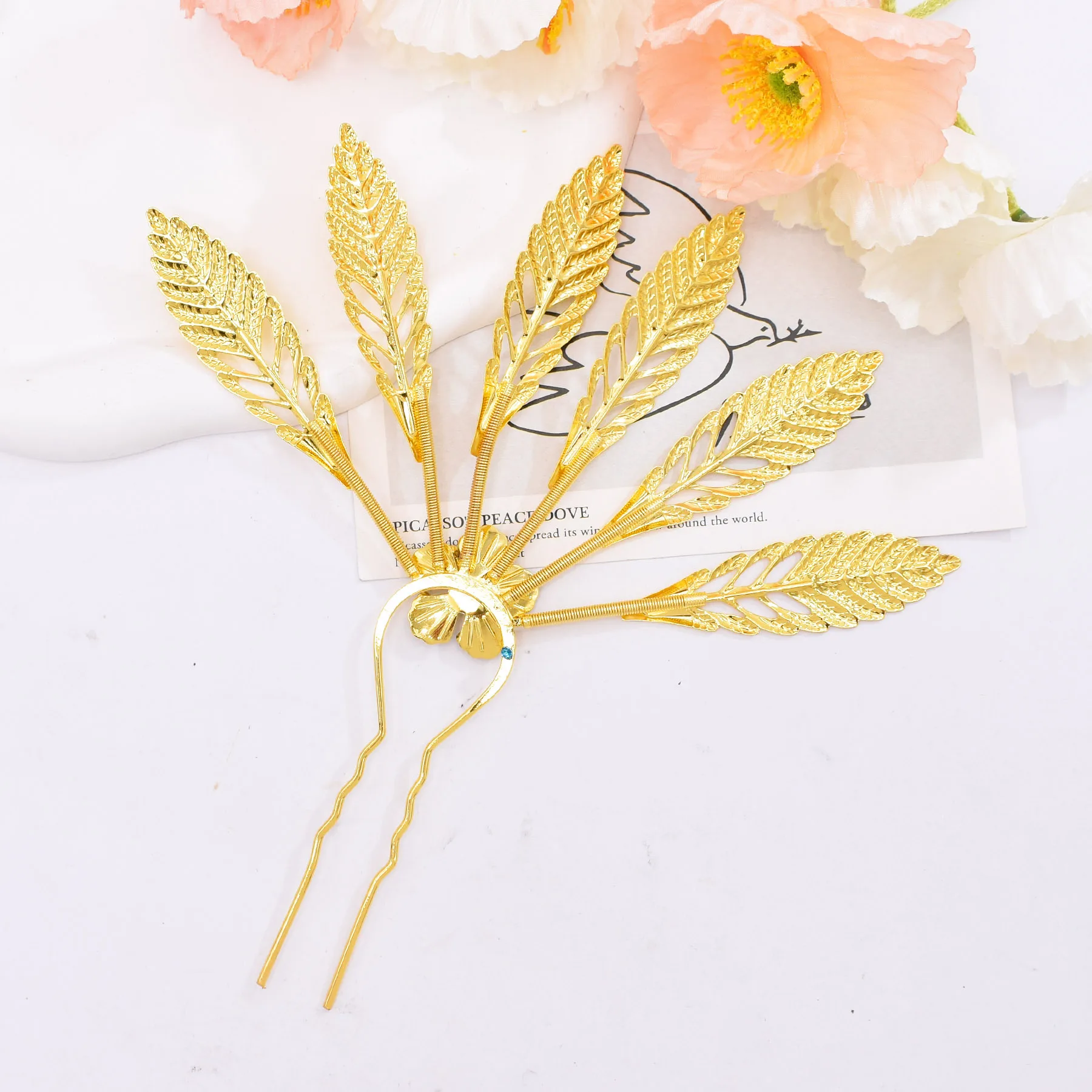 Ethnic Vintage Hairpin with Golden Alloy and Rhinestone Skeleton Flower Leave Thai Ethnic Jewelry Accessories