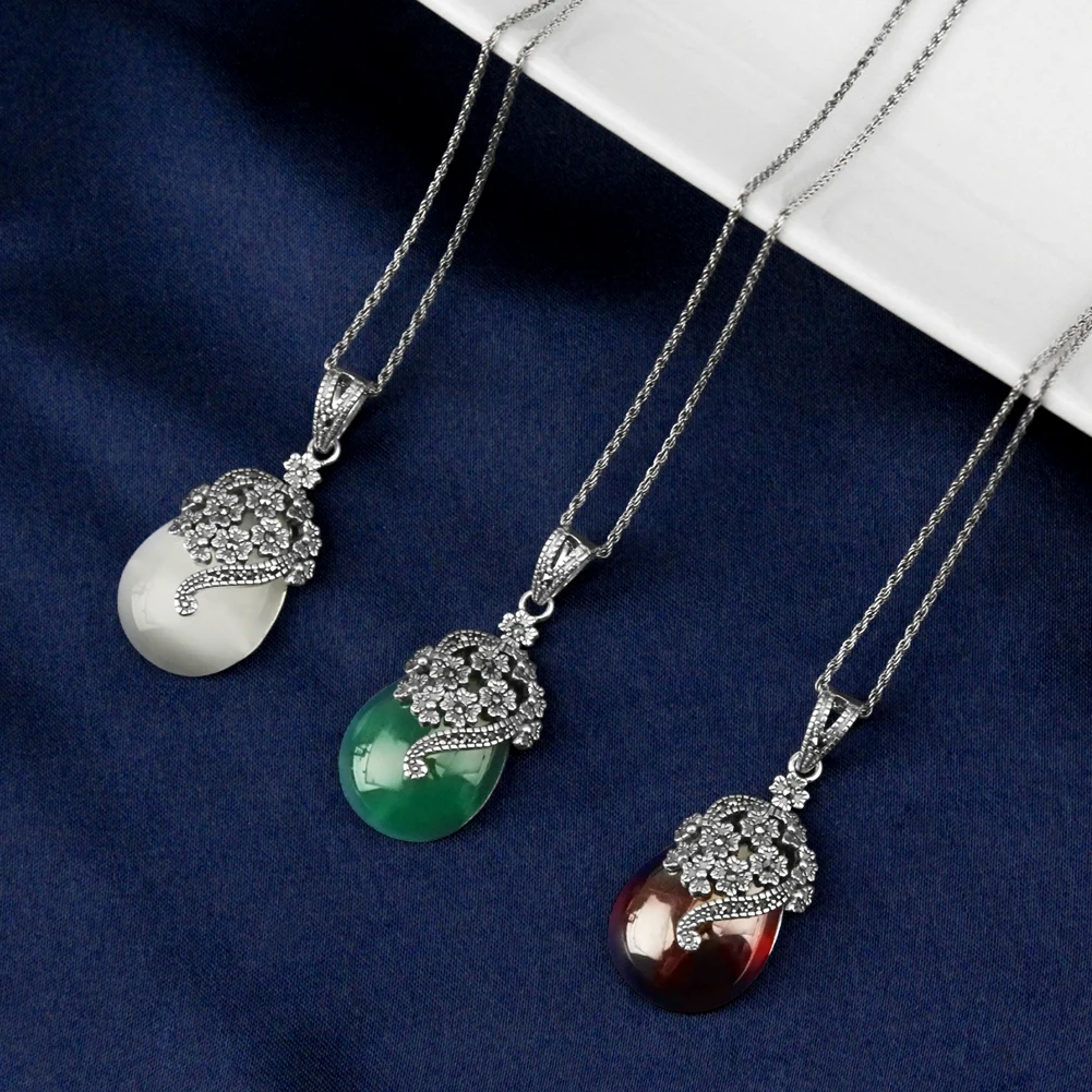  YYSuniee Solid 925 Sterling Silver Necklace for Women Vintage Thai Silver Green Onyx Agate Chalcedony Moonstone Pendant
