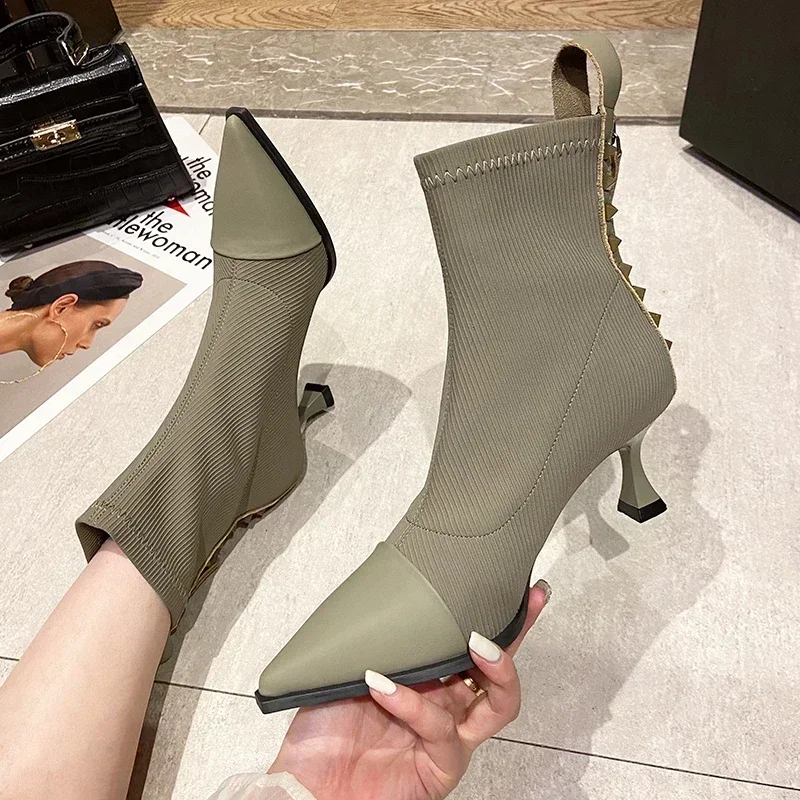 Botas retrô de meias elásticas para mulheres, salto alto de costura, dedo apontado, sapato único, nova moda, outono e inverno