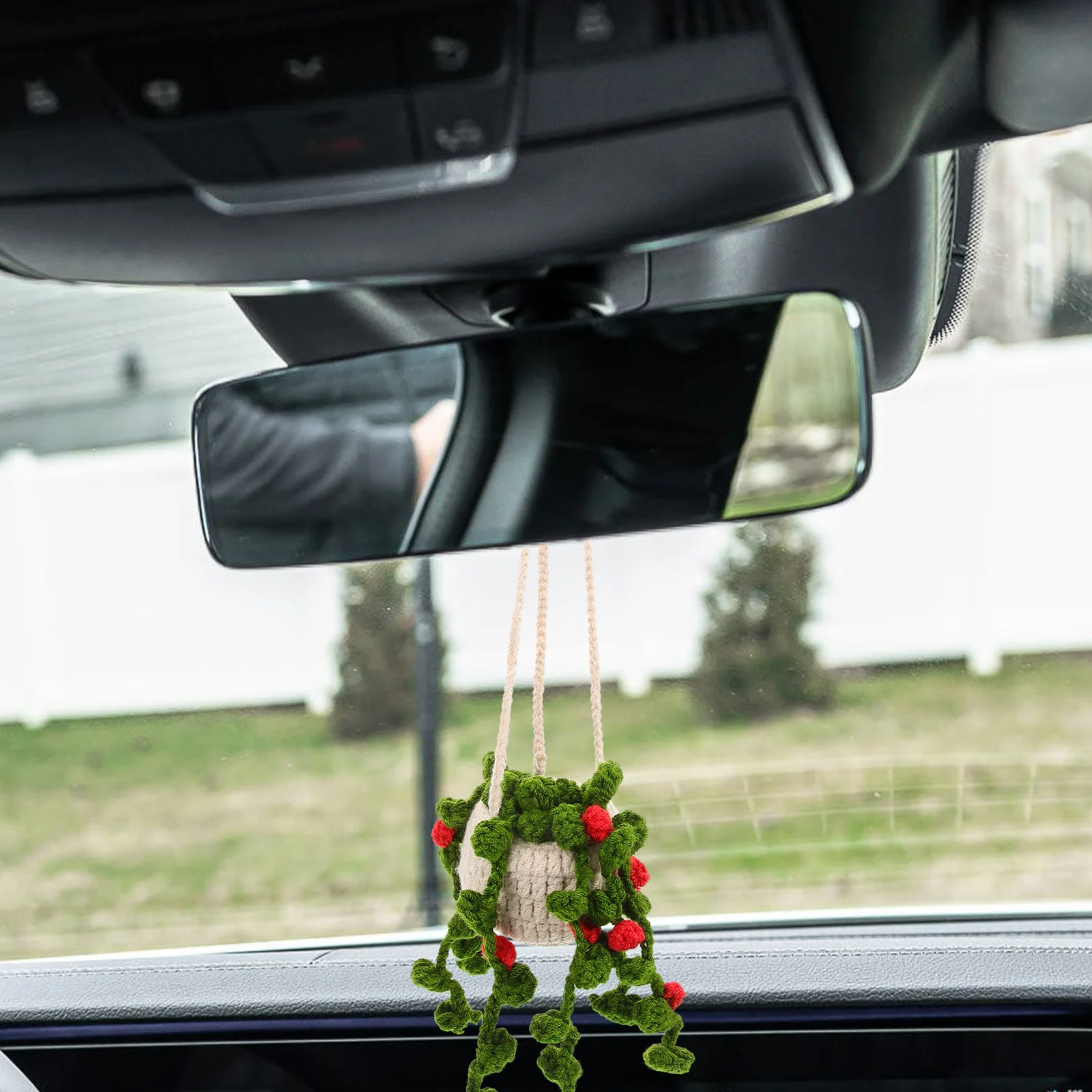 

Creative Crochet Potted Plant Car Charm Rearview Mirror Decoration Soft Wool Texture Unique Trendy Ornament Car Hanging Pendant