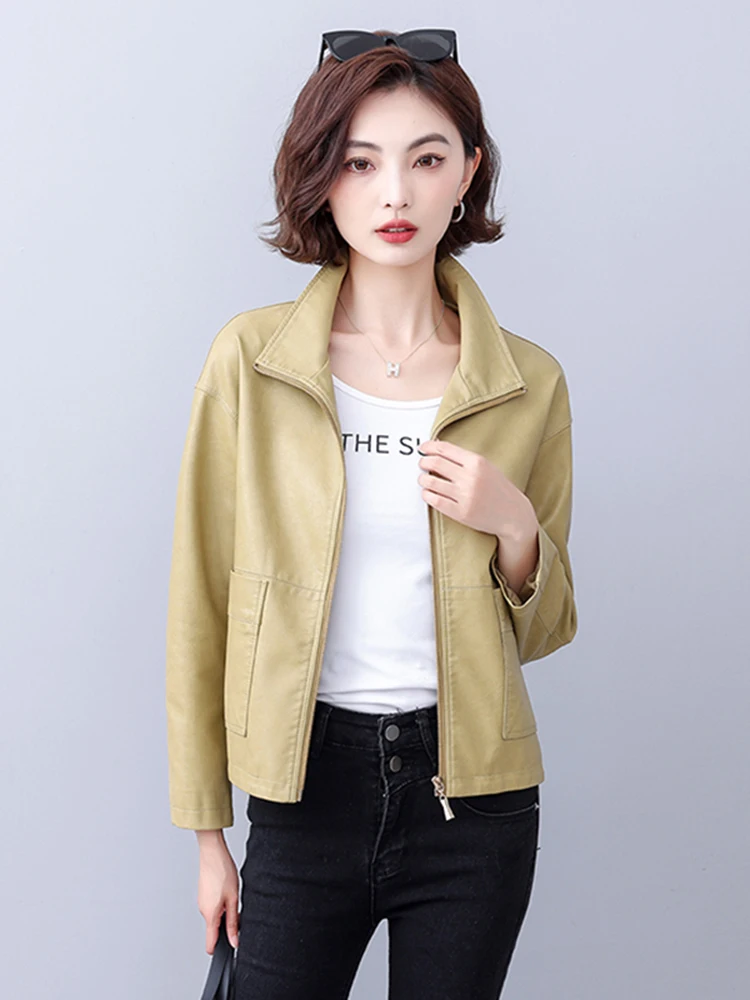 Giacca in Vera Pelle da Donna, Stile Corto, Nera, in Pelle di Pecora, Cappotto Primaverile Autunnale, Moda Hong Kong, Abbigliamento in Pelle di Piccole Dimensioni