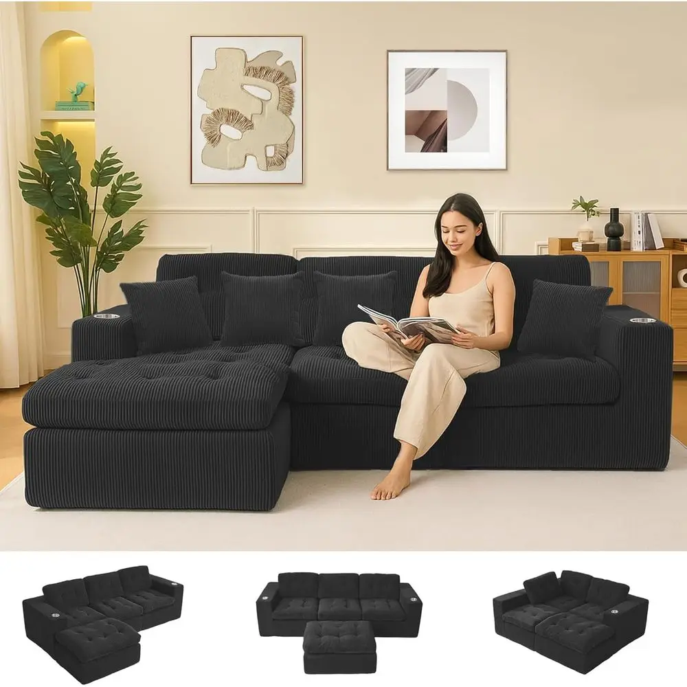 

108 Deep Seated L-Shape Chenille Upholstered Sofa, No Assembly, Black for Living or Bedroom
