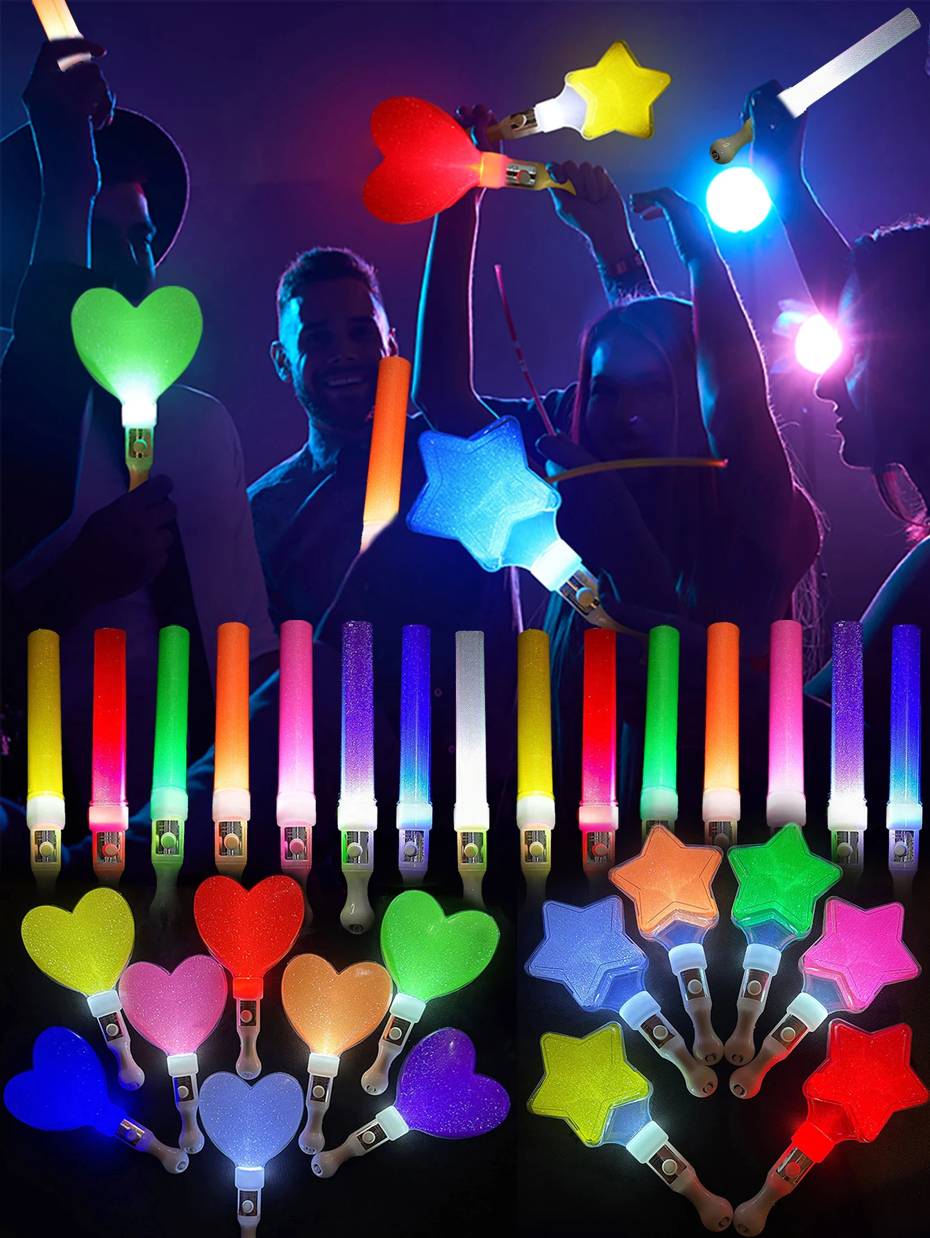Juego de 20 piezas de palos de mano con luz LED redonda/corazón, palos de iluminación para fiestas y festivales, tres modos de parpadeo, adecuados para bodas nocturnas, conciertos, día de San Valentín, celebraciones navideñas, palitos de hadas, regalos de soltero
