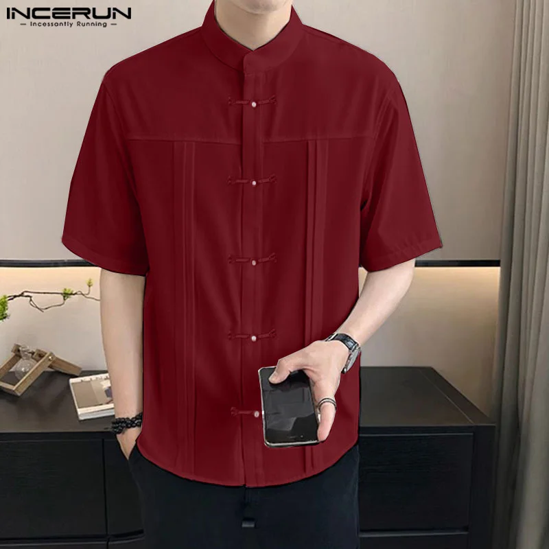 

Handsome Well Fitting Tops INCERUN Men's Solid Plate Buckle Pleated Design Shirts Casual Simple Male Short Sleeved Blouse S-5XL