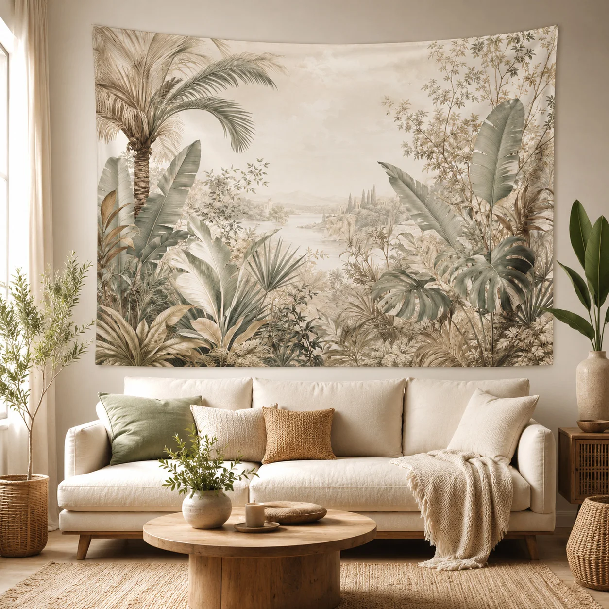 Vintage Tropical Jungle Tapestry Boho Palm Leaf Botanical Landscape Wall Hanging Neutral Home Decor