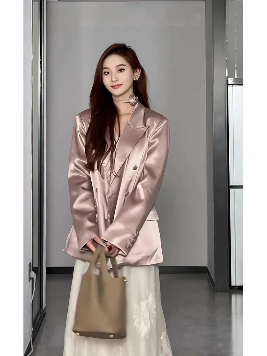 Silky Satin Texture Suit Jacket Women's Fashion Spring Autumn New Style Professional Commute Versatile Top Long Sleeve