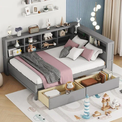 

Modern Wooden Full Size DayBed with 2 Drawers, DayBed with Storage Shelf and USB Charging Ports,Greypromote sales